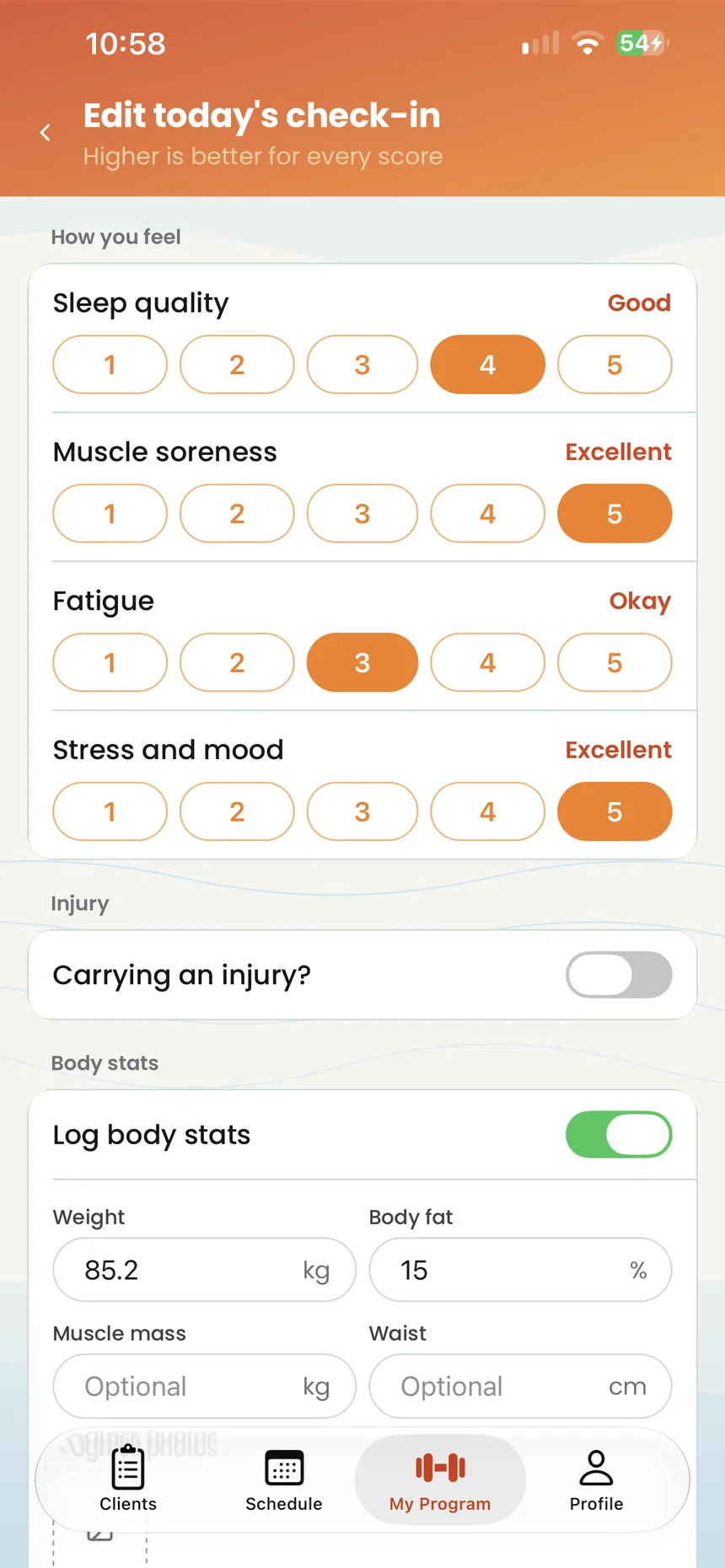 A Hijack check-in form rating sleep, soreness, fatigue and mood, with body stats