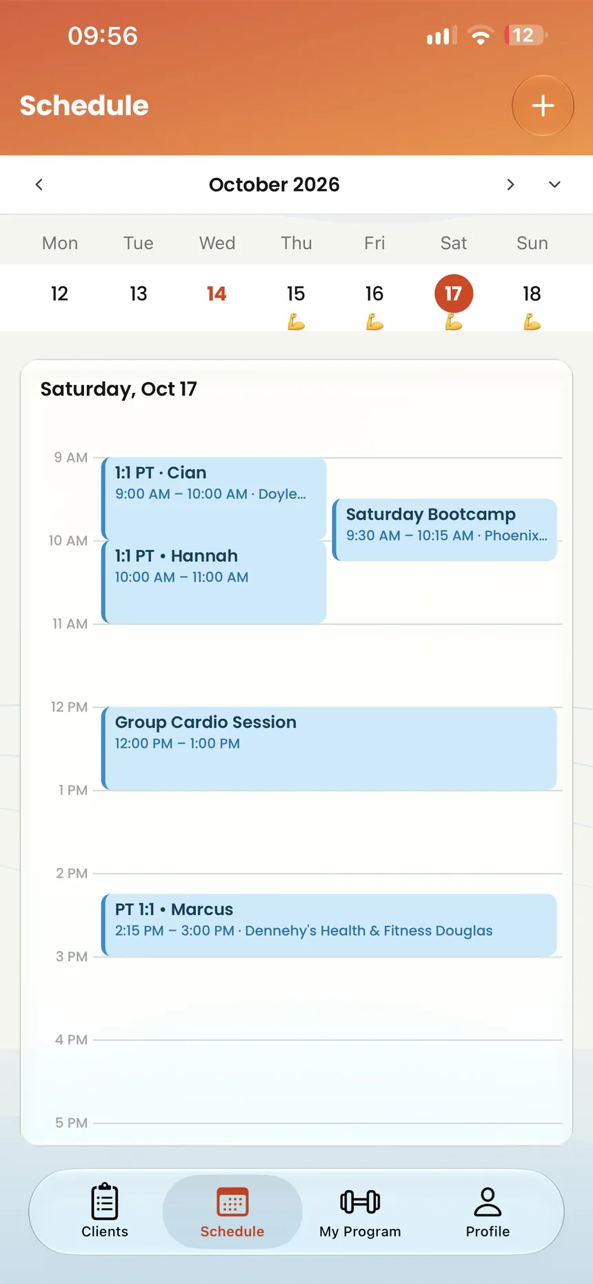 Hijack trainer schedule showing a day of client sessions