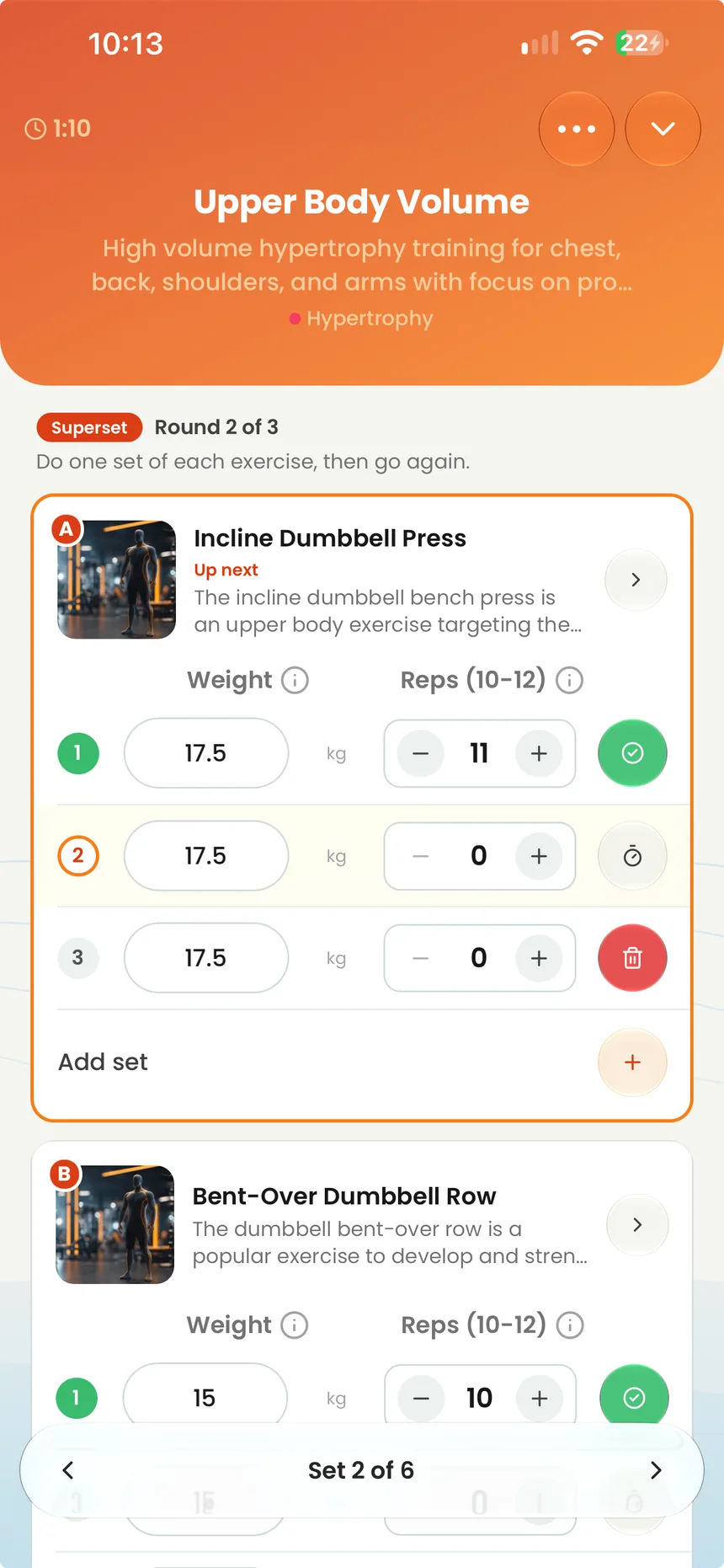 A live Hijack workout with an active superset, rest timer and exercise cards
