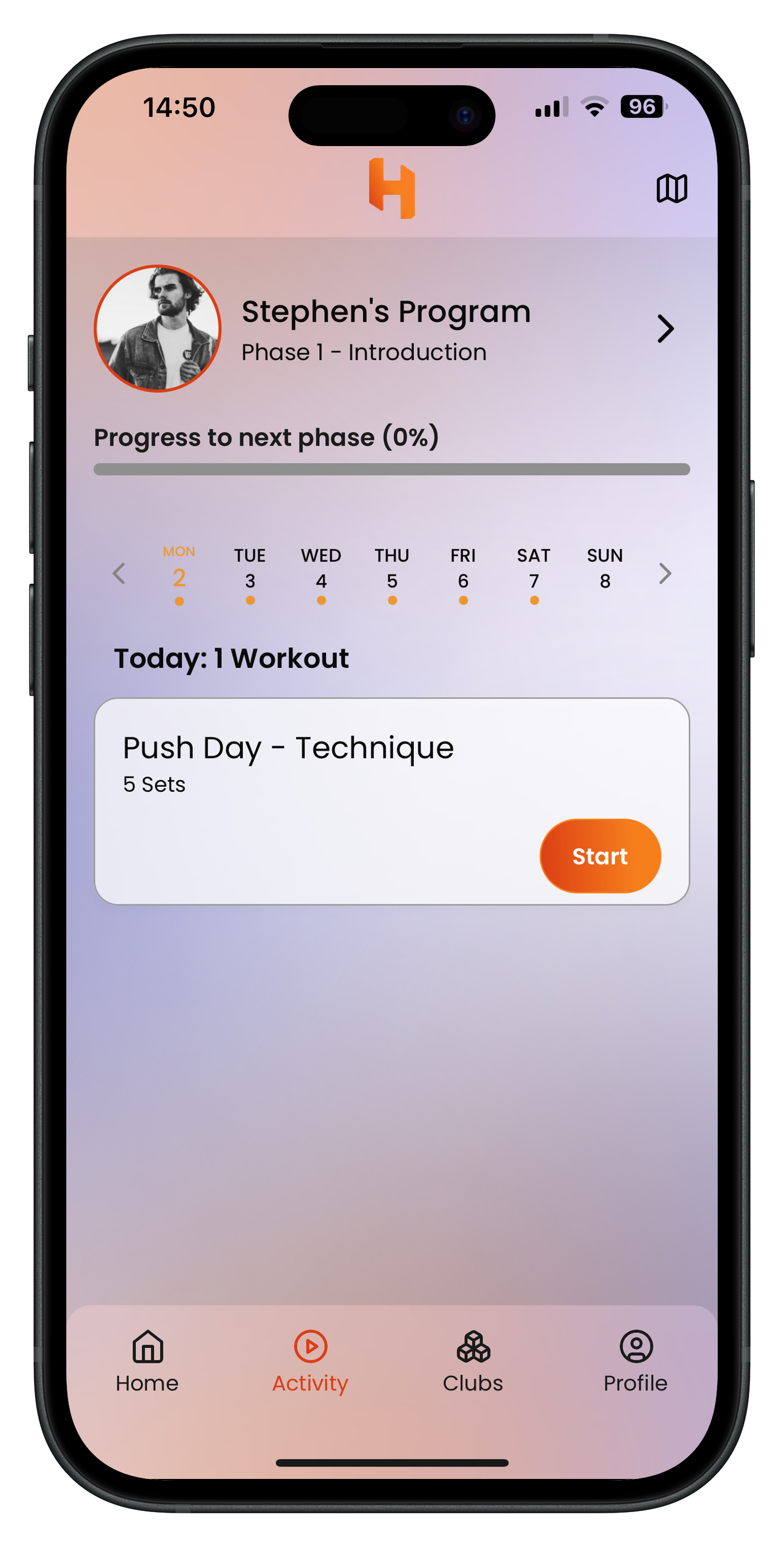 Screenshot of app activity page.